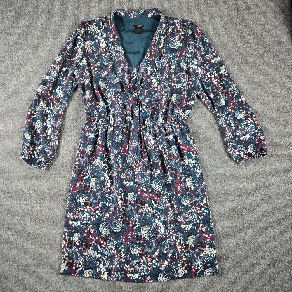 Ann Taylor Factory Floral V-Neck Tie Front Dress Womens Medium Teal Burgundy